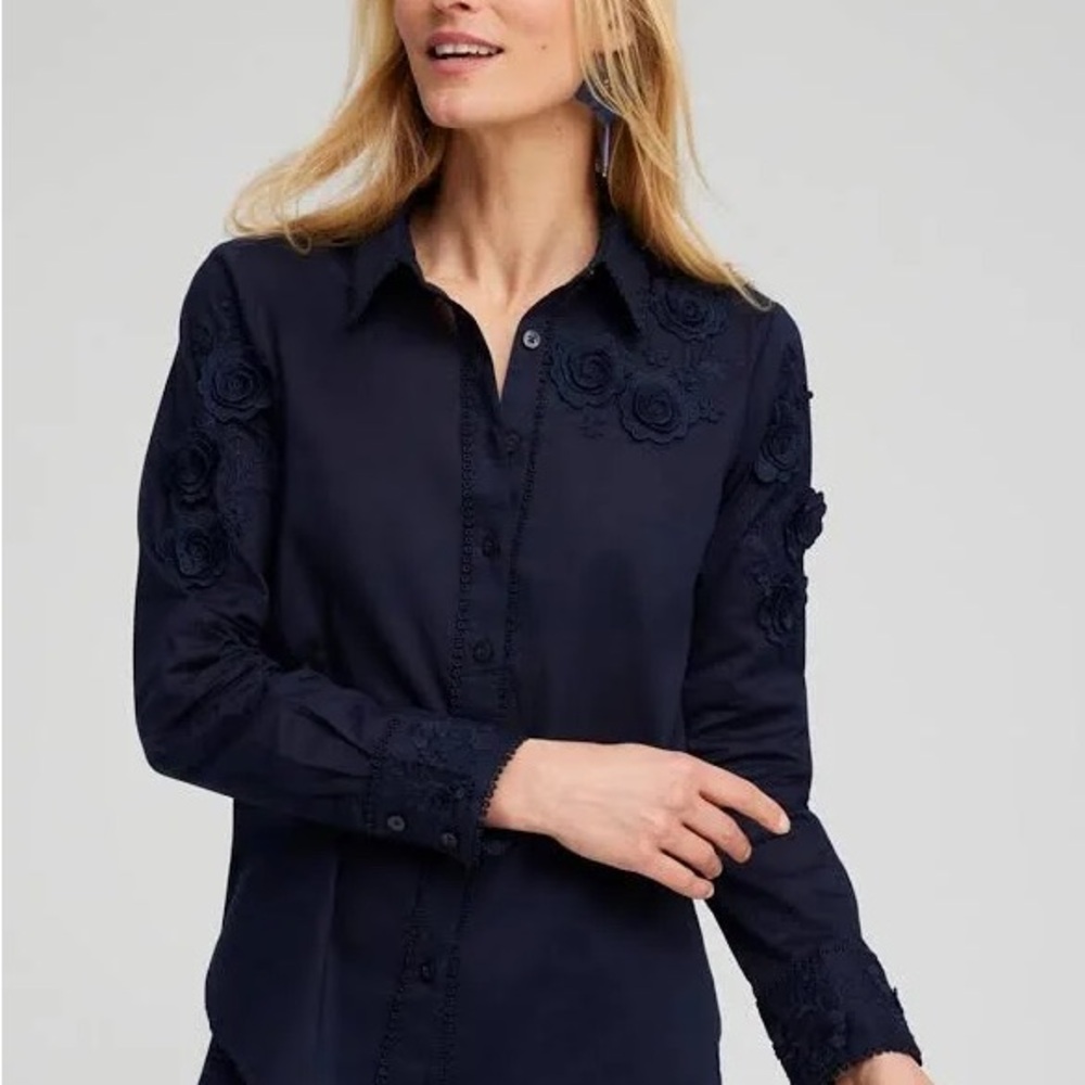 Chico's Navy Blouse with Floral Lace